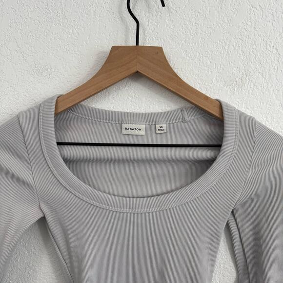 Aritzia Babaton Formarib Scoop Neck Long Sleeve Slim Bodysuit Chrome Grey XS - Picture 3 of 10